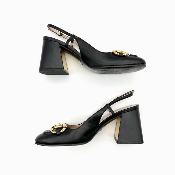 GUCCI Black Baby Bit Horsebit Square Toe Slingback Heel Size 36 Leather Block - Picture 8 of 11
